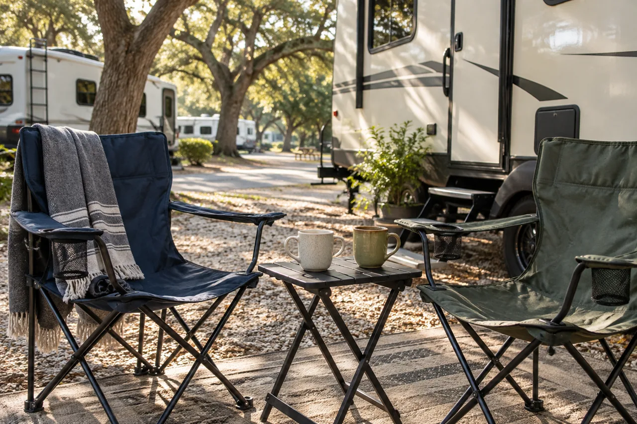 Camping chairs and morning coffee beside an RV under oak trees