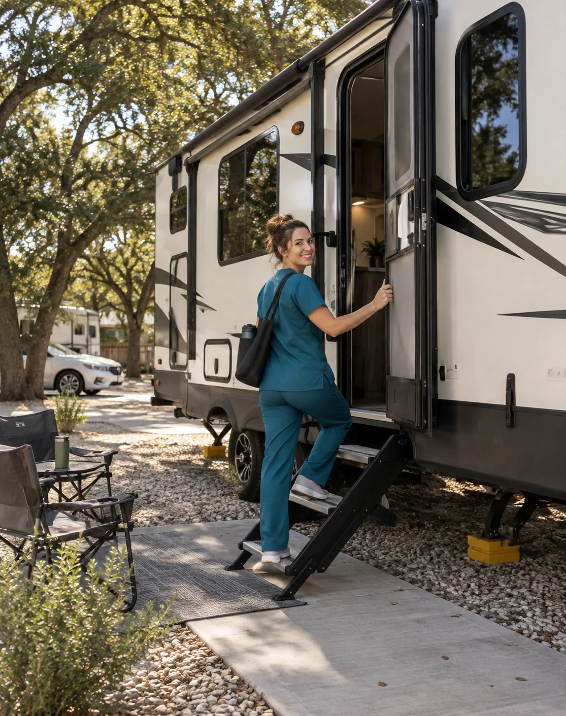 A smiling nurse in teal scrubs returning to her RV beneath oak trees